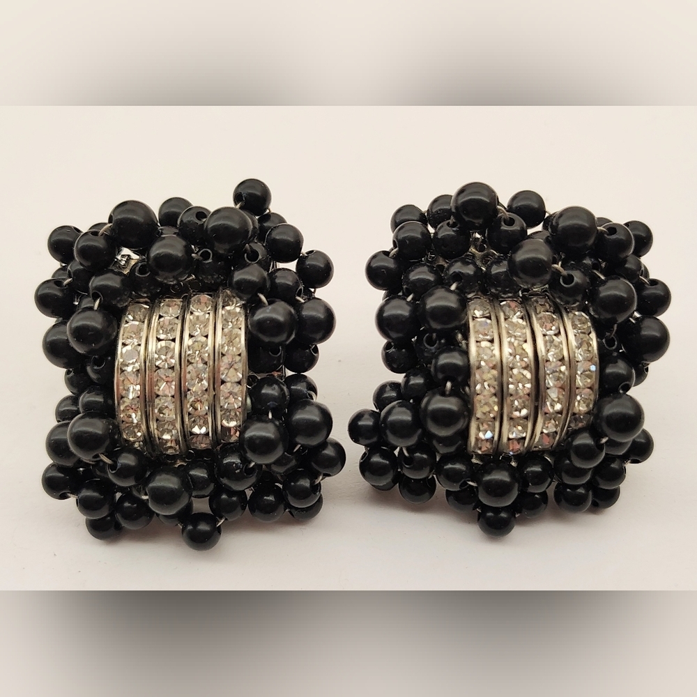 Vintage Clip On Earrings Silver Tone Rhinestones & Beads